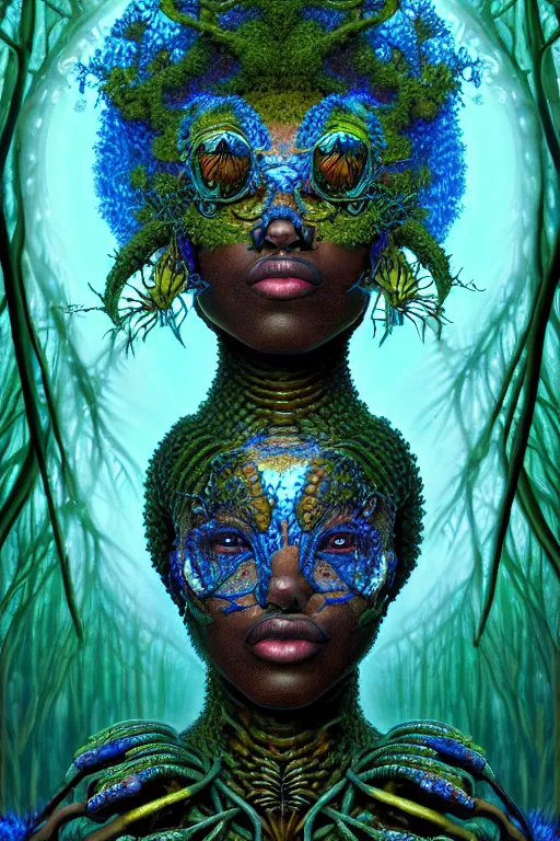 Image similar to hyperrealistic lowbrow super expressive! black woman with exoskeleton armor, merging with tree in a forest, highly detailed digital art masterpiece smooth cam de leon hannah yata dramatic pearlescent blue teal light ground angle hd 8 k sharp focus