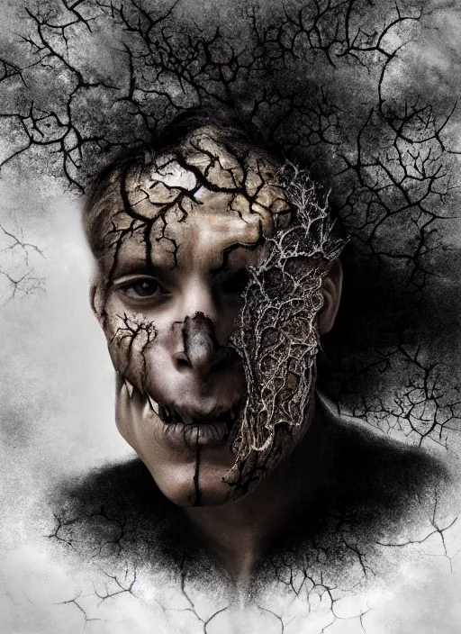 Image similar to dramatic matte portrait painting of man with black mandelbrot fractal instead of face, horror, body horror, dark art, 4 k, detailed, realistic, psychotic, insane, crazy, mental illness, dramatic,