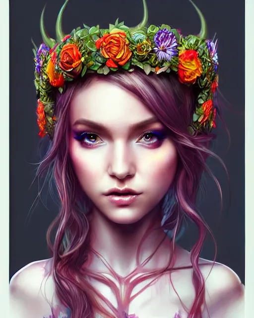 Image similar to digital art, centered head of elven bride with short hair, vivid flower crown ,body made with intricate roots, by James Jean and by artgerm, by ross tran , ultradetailed, charachter design, concept art, trending on artstation,