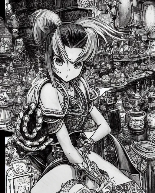 Image similar to A merchant selling treasuries and potions, high detailed store, black and white, fantasy art, in the style of masami kurumada, illustration, epic, fantasy, intricate, hyper detailed, artstation, concept art, smooth, sharp focus, ray tracing