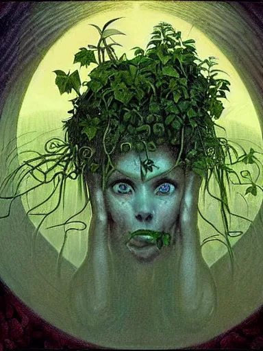 Image similar to The Hanging-Gardens of Pareidolia, lobelia, ivy, verbena and pothos growing facial features and optical-illusions, aesthetic!!!!!!!!!!, by Gerald Brom in the style of Johfra Bosschart in the style of,