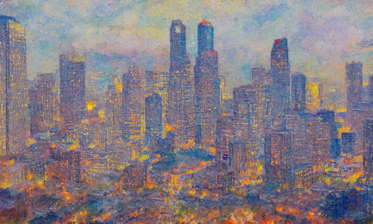 Image similar to downtown salt lake city, in the style of minerva teichert, oil on canvas, impasto, visible brushstrokes, watercolor, 8 k scan