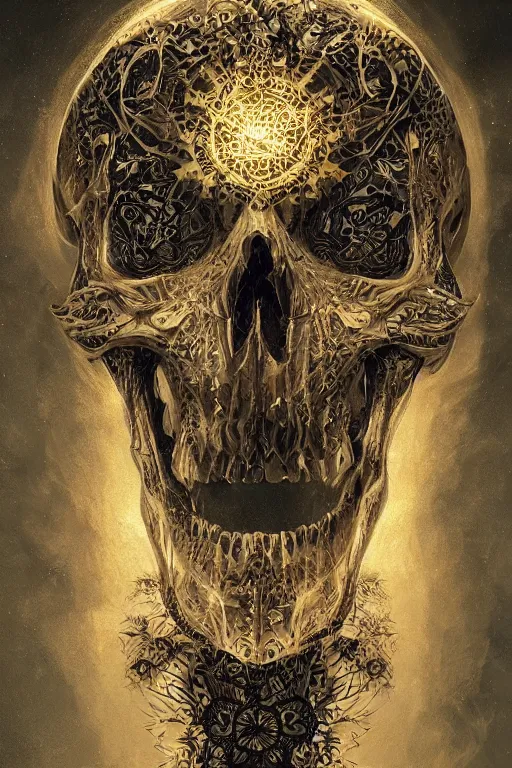 Image similar to concept art skull, the skull is decorated with art deco patterns, close - up portrait, powerfull, intricate, elegant, volumetric lighting, scenery, digital painting, highly detailed, artstation, sharp focus, illustration, concept art, ruan jia, steve mccurry