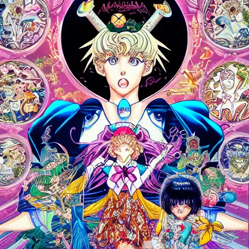 Image similar to portrait of crazy sailor moon, symmetrical, by yoichi hatakenaka, masamune shirow, josan gonzales and dan mumford, ayami kojima, takato yamamoto, barclay shaw, karol bak, yukito kishiro