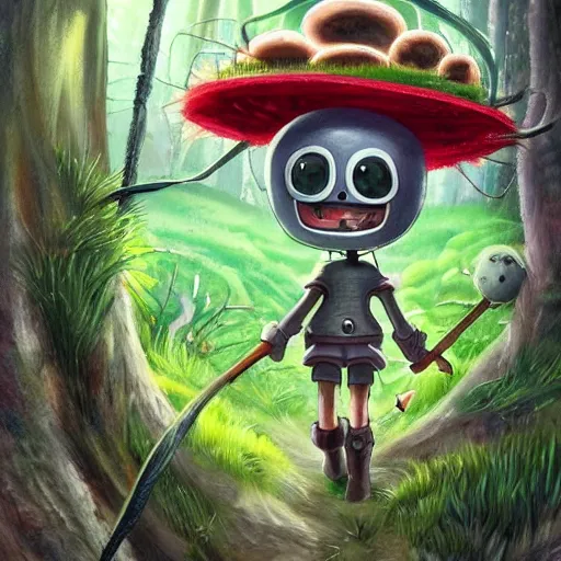 Prompt: cute robot with grass hair, tomato hat and a walking stick, trekking in a forest, made in abyss art style