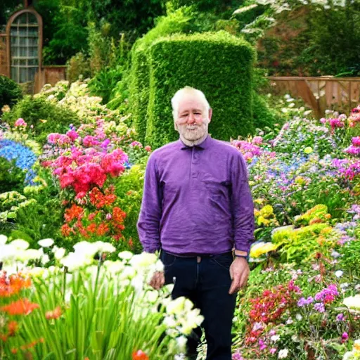 Image similar to a photo of a man standing in a garden surrounded by beautiful flowers