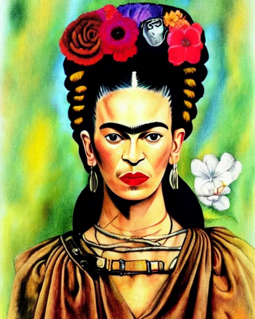 Image similar to portrait of a skinny punk frida kahlo wearing armor by simon bisley, john blance, frank frazetta, fantasy, thief warrior, floral flowers colorful