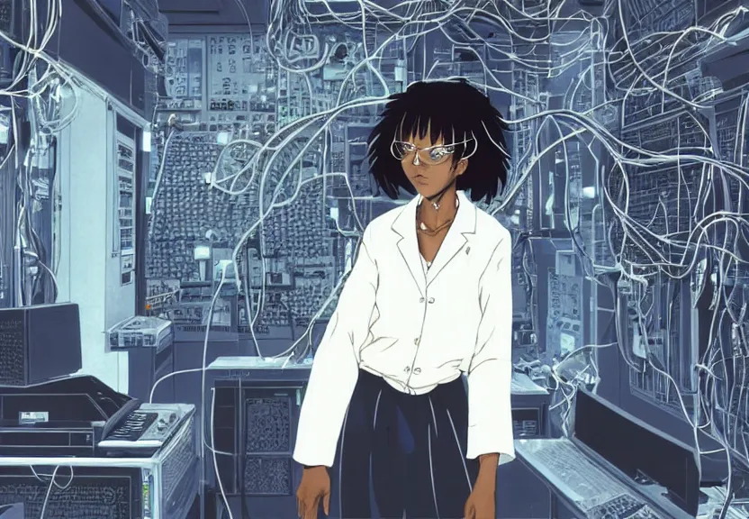 Image similar to dark skin woman wearing a white lab coat with a blue wolf haircut, body connected to wires and connected to 1 9 8 0 s computers, painted by yoshitoshi abe and makoto shinkai, in the style of serial experiments lain, dynamic lighting, dark ambience, 3 5 mm, cell - shaded, detailed face, retro