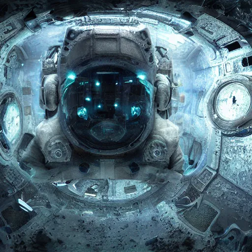 Image similar to concept art by craig mullins astronaut in futuristic dark and empty spaceship underwater. infrared complex and hyperdetailed technical suit. mandelbulb fractal. reflection and dispersion materials. rays and dispersion of light. volumetric light. 5 0 mm, f / 3 2. noise film photo. flash photography. unreal engine 4, octane render. interstellar movie art