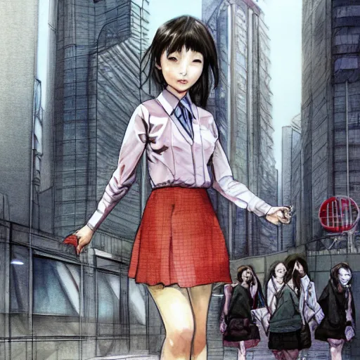 Image similar to a perfect, realistic professional digital sketch of a Japanese schoolgirls posing in a sci-fi cityscape, style of Marvel, full length, by pen and watercolor, by a professional American senior artist on ArtStation, a high-quality hollywood-style sketch, on high-quality paper