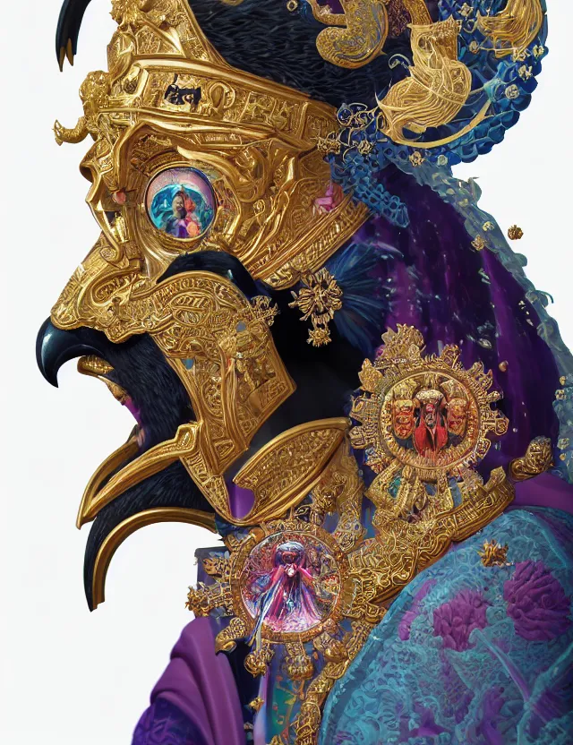 Image similar to 3 d goddess close - up profile portrait russian orthodox icon with ram skull. beautiful intricately detailed japanese crow kitsune mask and clasical japanese kimono. betta fish, jellyfish phoenix, bio luminescent, plasma, ice, water, wind, creature, artwork by tooth wu and wlop and beeple and greg rutkowski