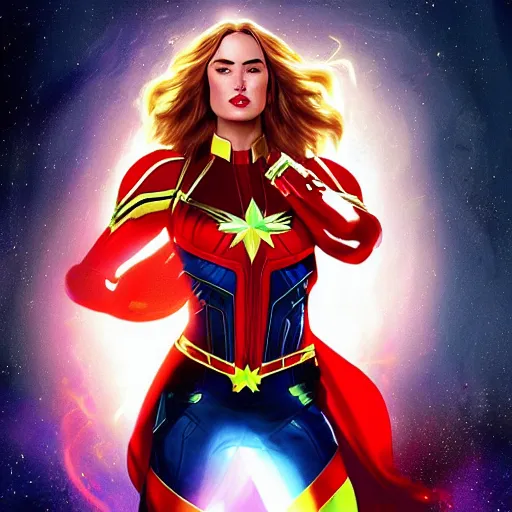 Prompt: Megan Fox as Captain Marvel, digital art, artstation