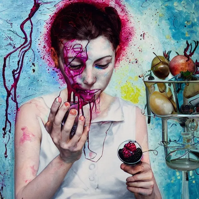 Prompt: woman holding an electronic brain from inside a painting, organic, a portrait in a female art student's apartment, pancakes, berries, octopus, surgical supplies, skull, scientific glassware, art materials, candle dripping white wax, berry juice drips, neo - expressionism, surrealism, acrylic and spray paint and oilstick on canvas