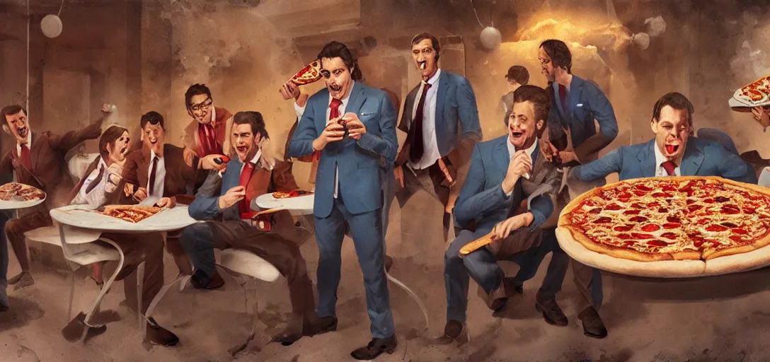 Image similar to men in suits eating a pizza, 80s style, happy, 8k, james gurney, greg rutkowski, john howe, artstation