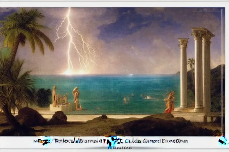 Image similar to mediterranean balustrade and palace columns, refracted lightnings on the ocean, thunderstorm, tarot cards characters, beach and Tropical vegetation on the background major arcana sky and occult symbols, by paul delaroche, hyperrealistic 4k uhd, award-winning, very detailed paradise