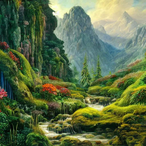 Prompt: a beautiful and highly detailed oil painting of a lush valley deep in the mountains, lush plant growth, tall grass, a clear mountain stream, flowers, carved stone, intricate details, epic scale, insanely complex, rivendell, 8 k, sharp focus, hyper realism, fantasy landscape, psychedelic, by caspar friedrich and brian froud,