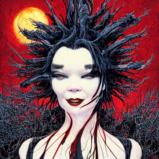 Prompt: portrait of crazy beautiful singer bjork as vampire, ymmetrical, by yoichi hatakenaka, masamune shirow, josan gonzales and dan mumford, ayami kojima, takato yamamoto, barclay shaw, karol bak, yukito kishiro