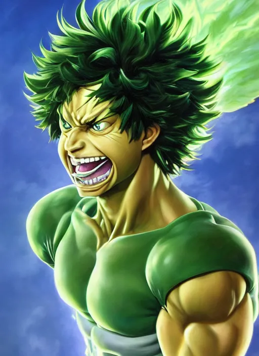 Image similar to a epic portrait of izuku midoriya, art by boris vallejo and greg danton and denys tsiperko, detailed, hyperrealism, artstation