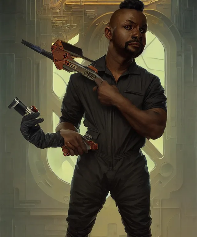 Image similar to Short stocky man holding a wrench, wearing a jumpsuit, portrait, face, black skin, sci-fi, intricate, elegant, highly detailed, digital painting, artstation, concept art, smooth, sharp focus, illustration, art by artgerm and greg rutkowski and alphonse mucha