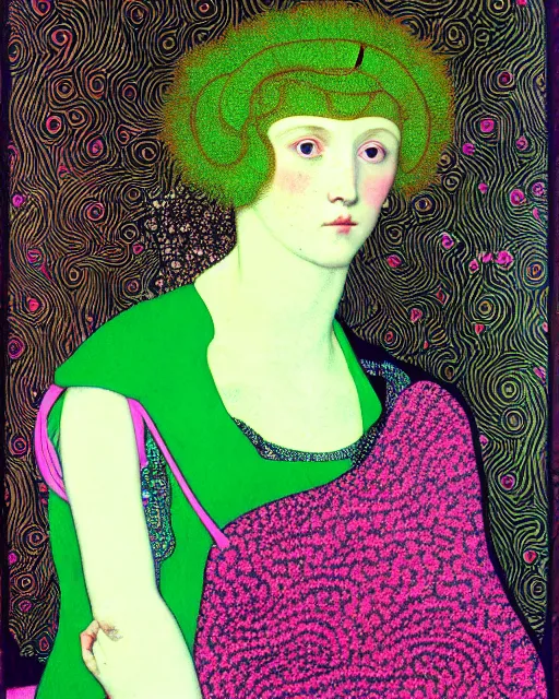 Prompt: portrait of a young pale woman with pink hair, wearing a neon green dress, intricate details, super-flat, in the style of James Jean, Jean Auguste Dominique Ingres, Gustav Klimt, black background