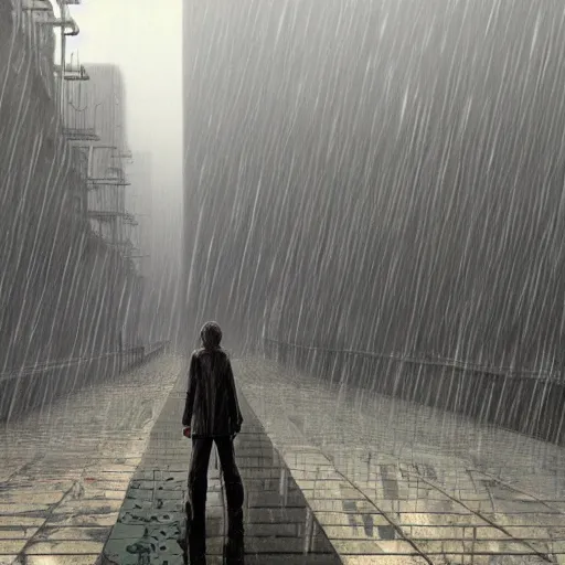 Prompt: raining dark smog dieselpunk dystopia makoto shinkai corrogated steel walkway