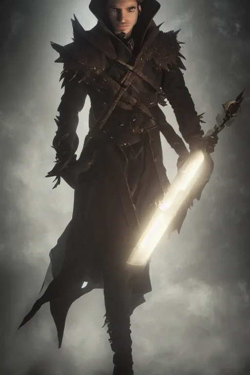 Image similar to Liam O'Brien as Vax'ildan from Vox Machina, Half-elf Rogue, realistic cinematic shot, swirling nature magic, subtle fog and mood lighting