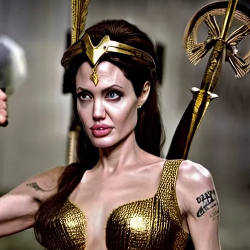 Image similar to angelina jolie as the greek goddess athena, fighting in battle, action scene, live action, dynamic