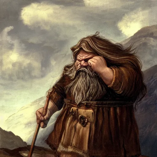 Prompt: clouds gather over a dwarf holding a grudge on a mountain pass