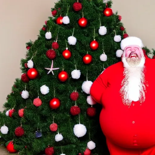 Prompt: a full body shot of an obese, jolly man with extremely pale skin, rosy red cheeks, and a big, white beard wearing a red suit with white fur lining, and a red hat with a white pom pom on top. he should also be holding a big bag of presents.