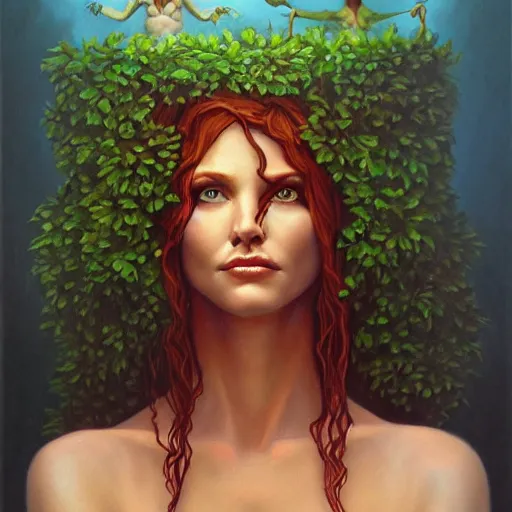 Prompt: A beautiful painting of female dryad, whose face is made of wood by Michael Whelan, Trending on artstation, subtle horror theme, menacing.