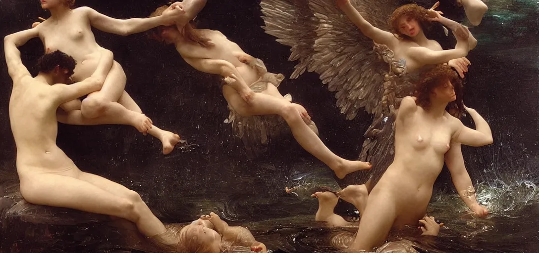 Image similar to hyperrealist highly detailed english medieval portrait of high fashion archangel swimming in black giant ferrofluid liquid ocean, Art by William Adolphe Bouguereau,, Art by William Adolphe Bouguereau,, by Annie Swynnerton and Tino Rodriguez and Maxfield Parrish, elaborately costumed, rich color, dramatic cinematic lighting, extremely detailed, radiating atomic neon corals, concept art pascal blanche dramatic studio lighting 8k wide angle shallow depth of field, Art by William Adolphe Bouguereau, extreme detailed and hyperrealistic