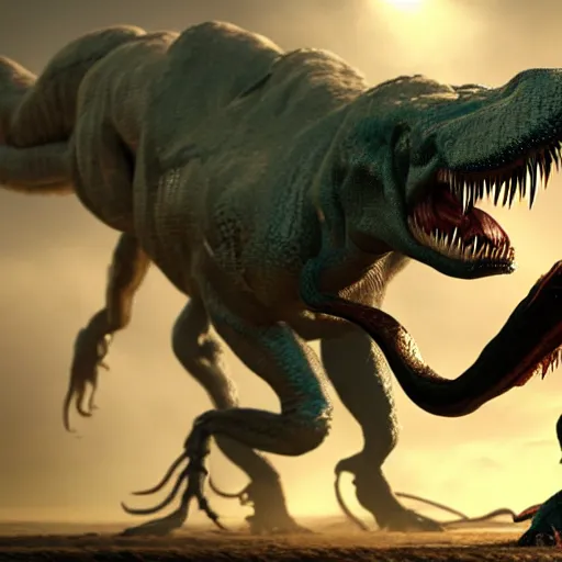 Image similar to venom fighting a t - rex, trending on artstation, 4 k, 8 k