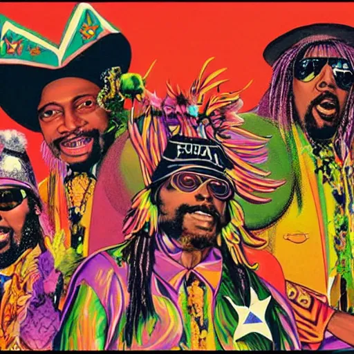 Prompt: artwork of pedro bell, parliament, funkadelic, george clinton, bootsy collins, the mothership, chocolate city