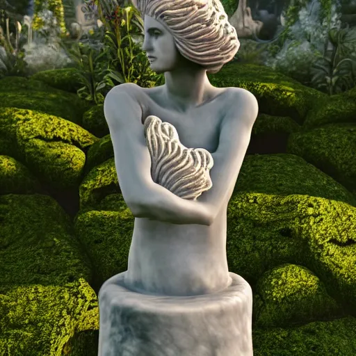 Image similar to an idealistic marble statue with fractal flowery hair in a fractal garden, unreal engine, 8k render, beautiful, full frame,