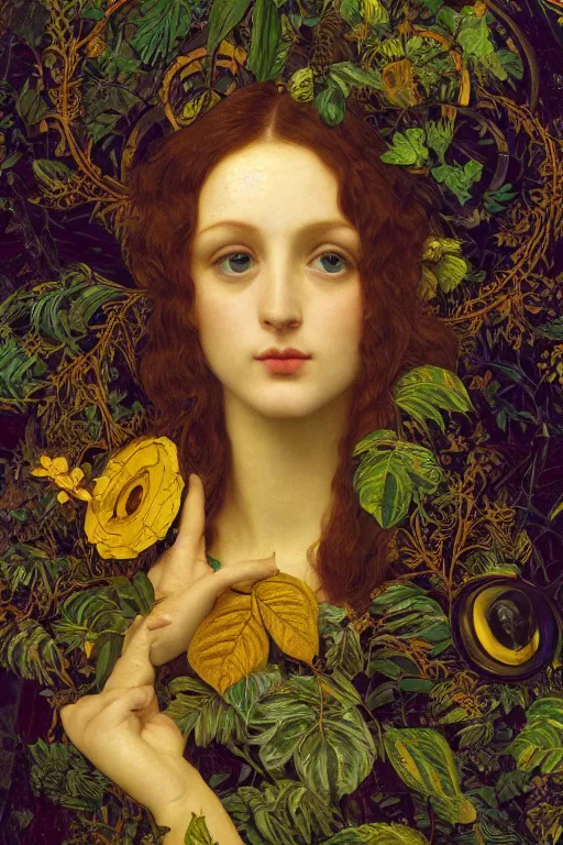 Prompt: masterpiece beautiful seductive flowing curves preraphaelite face portrait of horrors beyond comprehension amongst leaves, extreme close up shot, yellow ochre ornate medieval dress, branching abstract decorate structural circle, halo, amongst foliage, gold gilded circle halo, kilian eng and frederic leighton and rosetti, 4 k