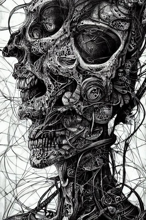 Image similar to ' there are bugs in my skin, android jones, bugs, dark atmosphere, skull, morbid, detailed linework, malice, psychedelic, coherent, clean, artistic