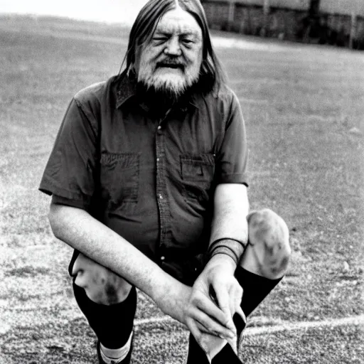 Image similar to robert wyatt with big robot cyborg legs