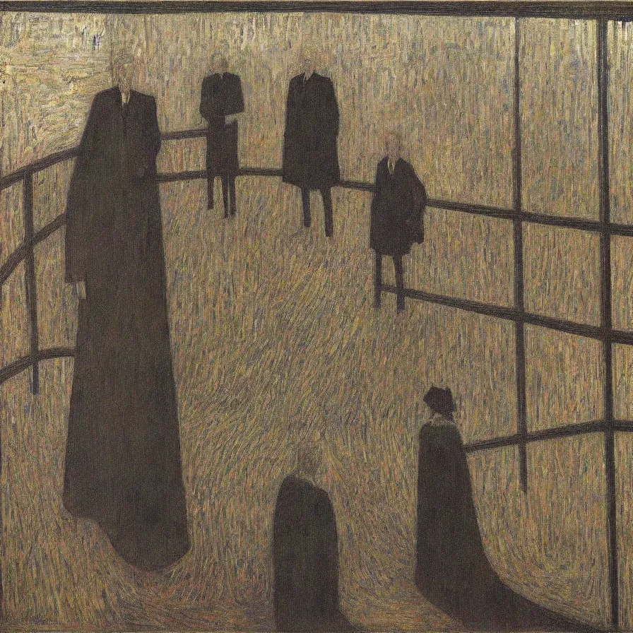 Prompt: artwork about loneliness when time drags on, by jan toorop. atmospheric ambiance. depth and perspective. foggy.