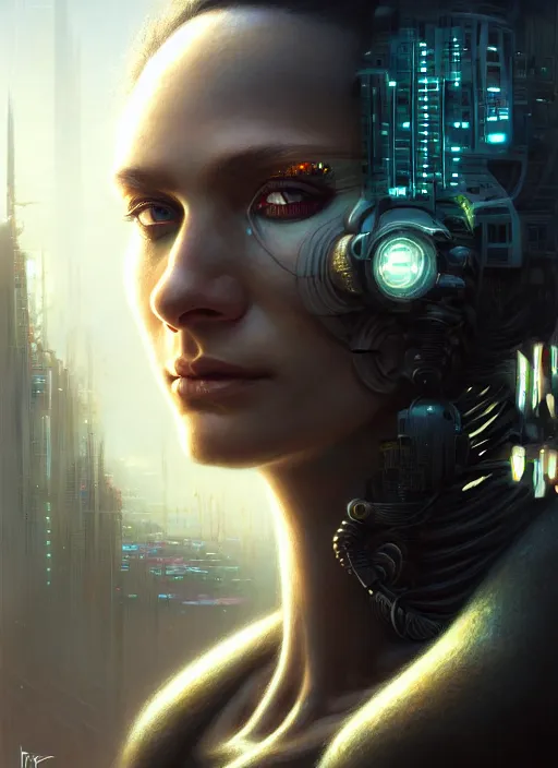 Image similar to closeup portrait shot of a cyberpunk female in a scenic dystopian environment, intricate, elegant, highly detailed, centered, digital painting, artstation, concept art, smooth, sharp focus, illustration, artgerm, tomasz alen kopera, peter mohrbacher, donato giancola, joseph christian leyendecker, wlop, boris vallejo