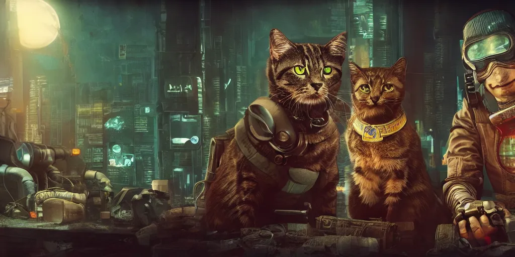 Image similar to cyberpunk cat and normal cat, brothers, fallout 5, studio lighting, deep colors, apocalyptic setting