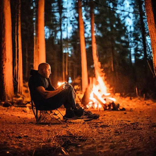 Image similar to vin diesel sitting near a bonfire at night in the woods, canon eos r 3, f / 1. 4, iso 2 0 0, 1 / 1 6 0 s, 8 k, raw, unedited, symmetrical balance, in - frame