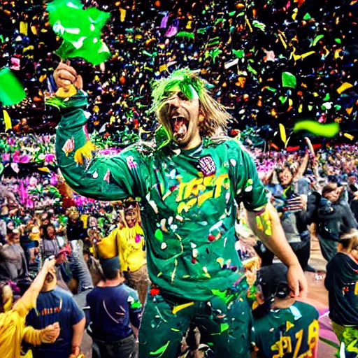 Prompt: a jubilant monster holding a trophy, celebrating a big win, green confetti flying around