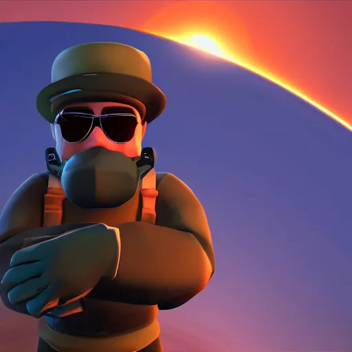 Prompt: Soldier from Team Fortress 2 in front of the sun, cinematic, 8k