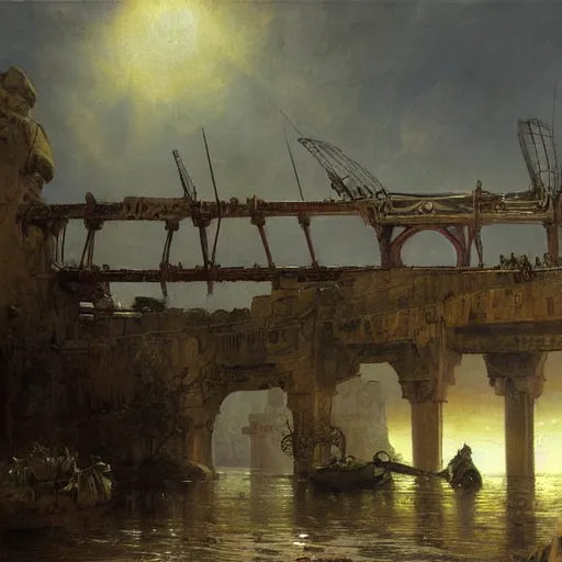 Prompt: painting of a scifi ancient civilzation victorian, brutalist bridge, andreas achenbach