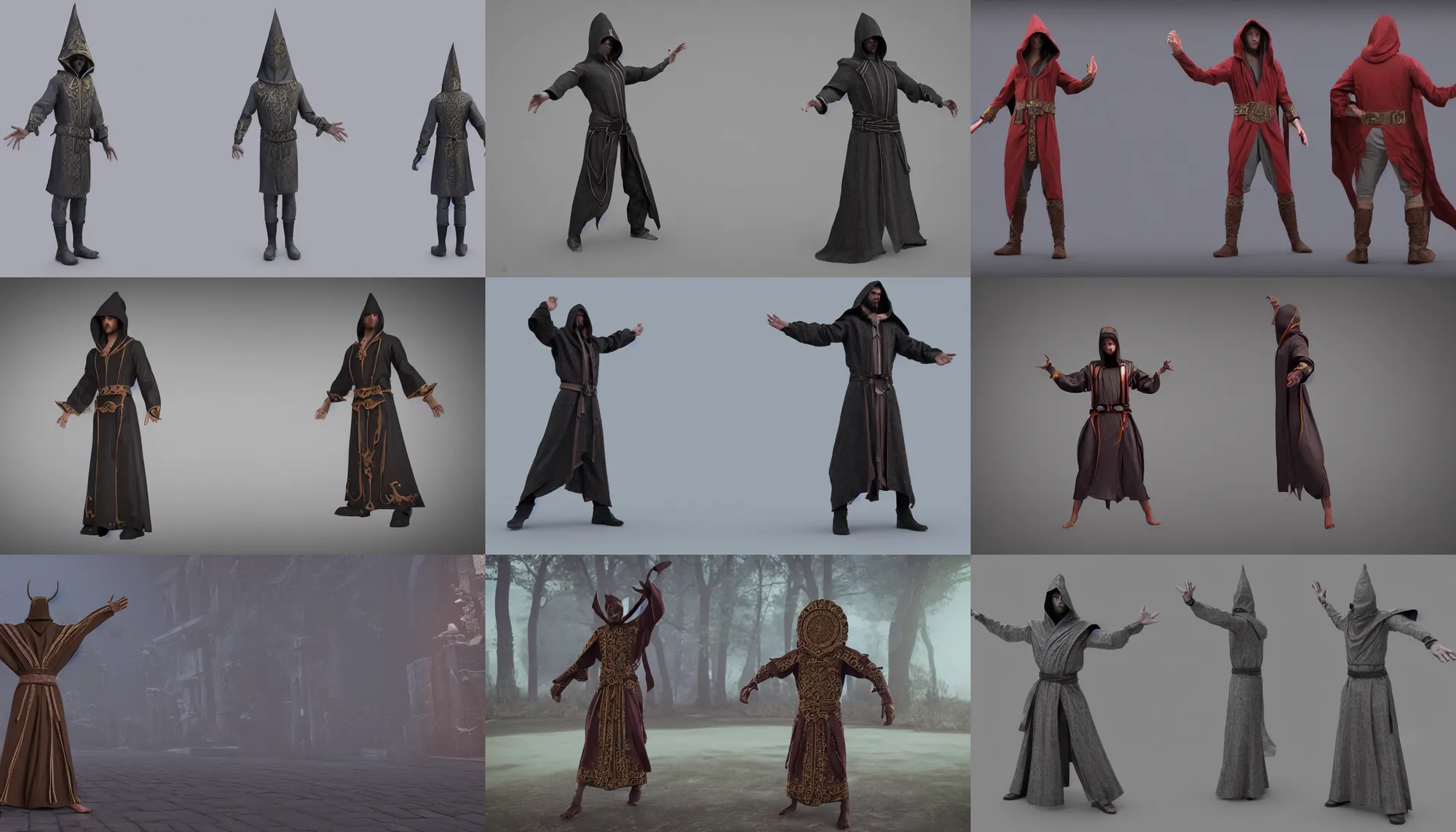 Prompt: t-pose of male magic wizard, belt, elaborate cult robes, hood, 3d model rigged, 3d character, TPose, t-pose, 3d marketplace, different angles, character animation, octane render, ray tracing, unreal engine 5, DAZ, zbrush, 8k ultra HD,
