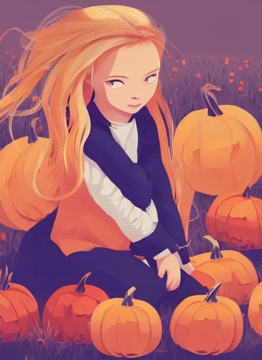 Prompt: little girl with long blonde hair sitting on a pile of pumpkins. clean cel shaded vector art. shutterstock. behance hd by lois van baarle, artgerm, helen huang, by makoto shinkai and ilya kuvshinov, rossdraws, illustration, art by ilya kuvshinov