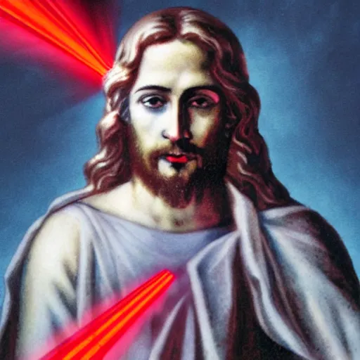 Image similar to Jesus shoot Zeus with red lazers from eyes deep color