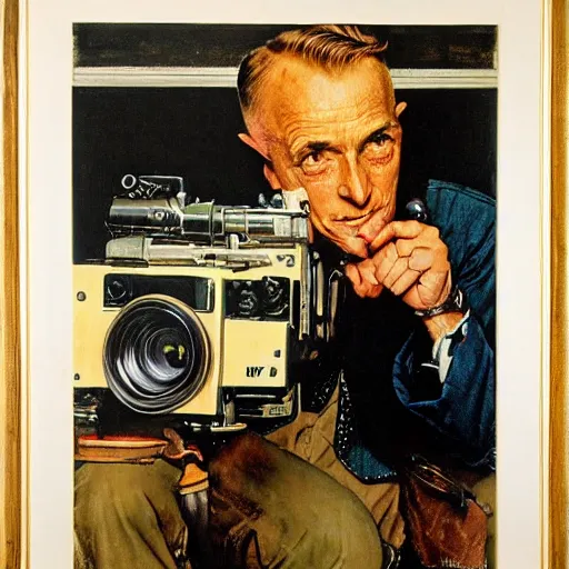 Image similar to norman rockwell painting of a man holding a large television - video - camera