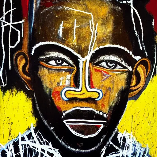 Image similar to A extremely highly detailed majestic hi-res beautiful immaculate head and shoulders painting of a strong black african man by Jean-Michel Basquiat, 8k, high textures, hyper sharp, insanely detailed and intricate, super detailed, 4k HDR high quality