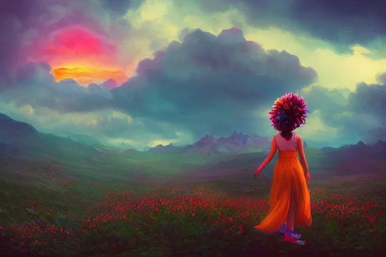 Image similar to giant dahlia flower crown under head, girl walking on mountain, surreal photography, colorful storm clouds, dramatic sunset, impressionist painting, digital painting, artstation, simon stalenhag